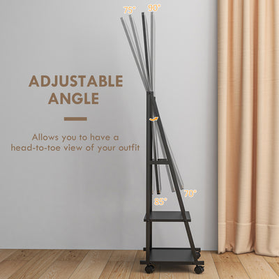 HOMCOM Free Standing Dressing Mirror, Rolling Full Length Mirror on Wheels with Adjustable Angle, Storage Shelves for Bedroom 