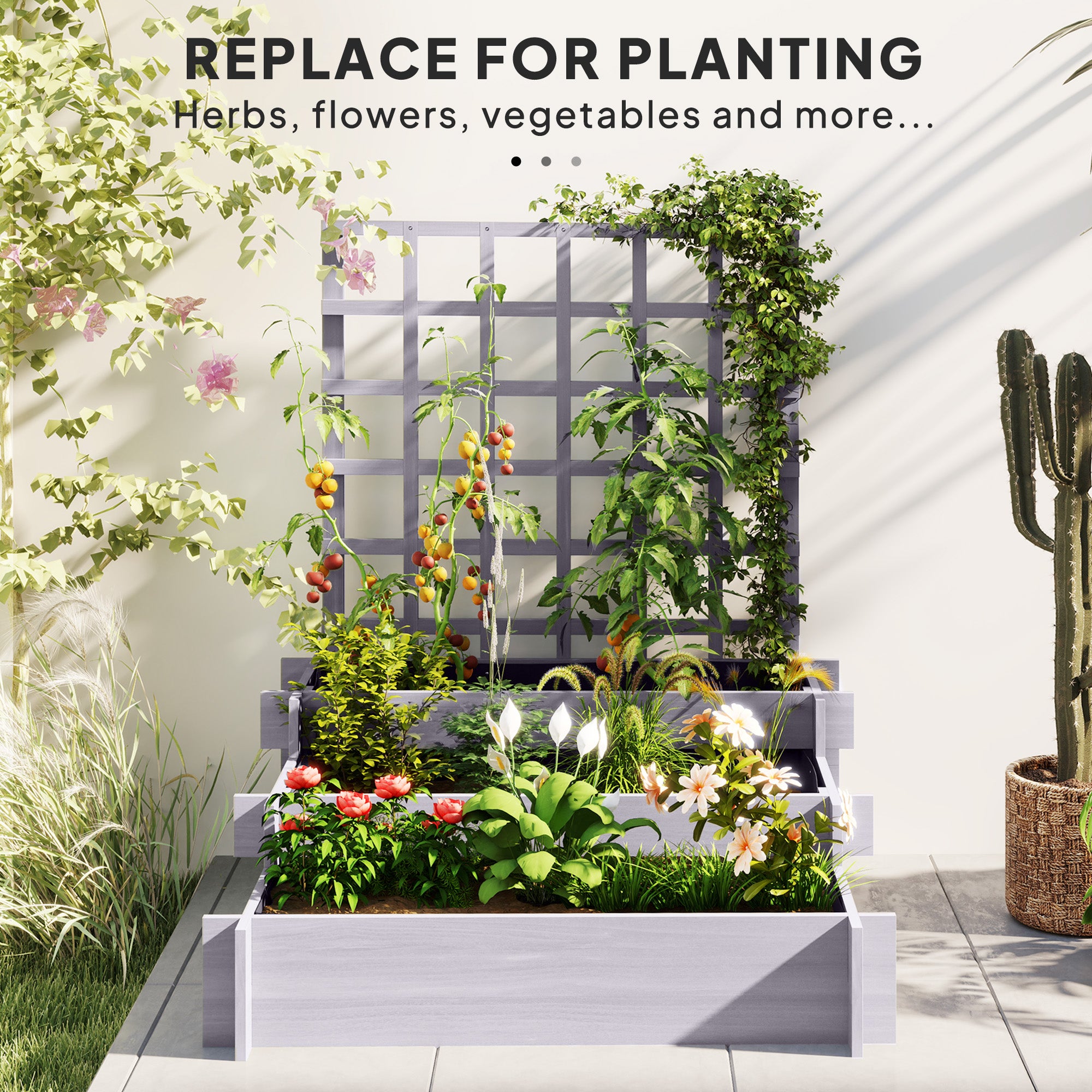 Outsunny 3 Tier Garden Planters with Trellis for Vine Climbing, Wooden Raised Beds, 95x95x110cm, Grey 