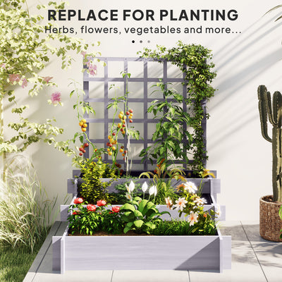 Outsunny 3 Tier Garden Planters with Trellis for Vine Climbing, Wooden Raised Beds, 95x95x110cm, Grey 
