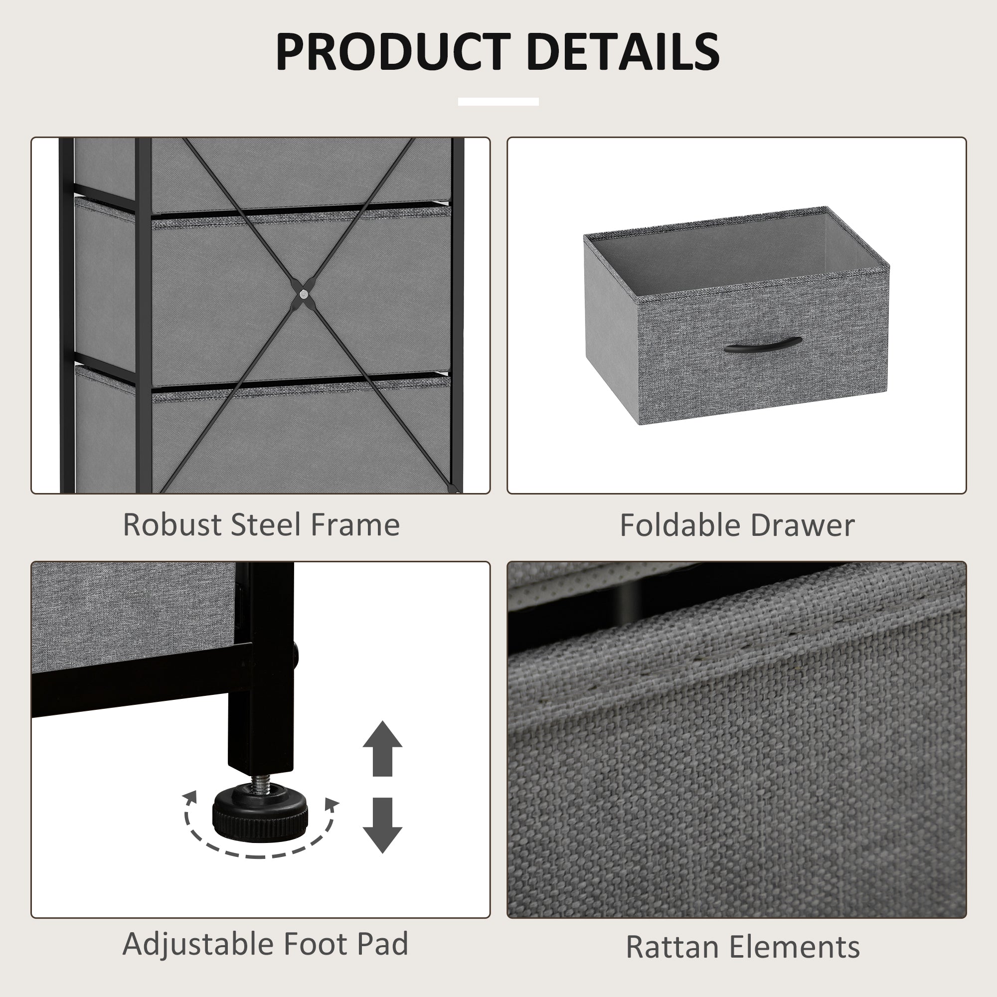 HOMCOM Fabric Chest of Drawers, Industrial Bedroom Dresser with 5 Fabric Drawers, Steel Frame and Wooden Top for Nursery, Living Room, Hallway, Rustic Brown and Grey