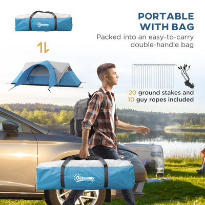 Outsunny 3000mm Waterproof Camping Tent for 5-6 Man, Family Tent with Porch and Sewn in Groundsheet, Portable with Bag, Blue 