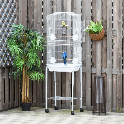 PawHut Bird Cage Budgie Cages for Finch Canary Parakeet with Stand Wheels Slide-out Tray Accessories Storage Shelf, White 46.5 x 36 x 157 cm 
