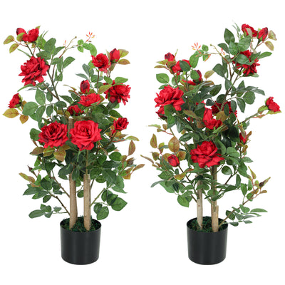 HOMCOM 90cm Artificial Rose Tree Set of 2, Decorative Fake Plant with 344 Silk Leaves 17 Flowers for Outdoor Indoor Decor, Red 