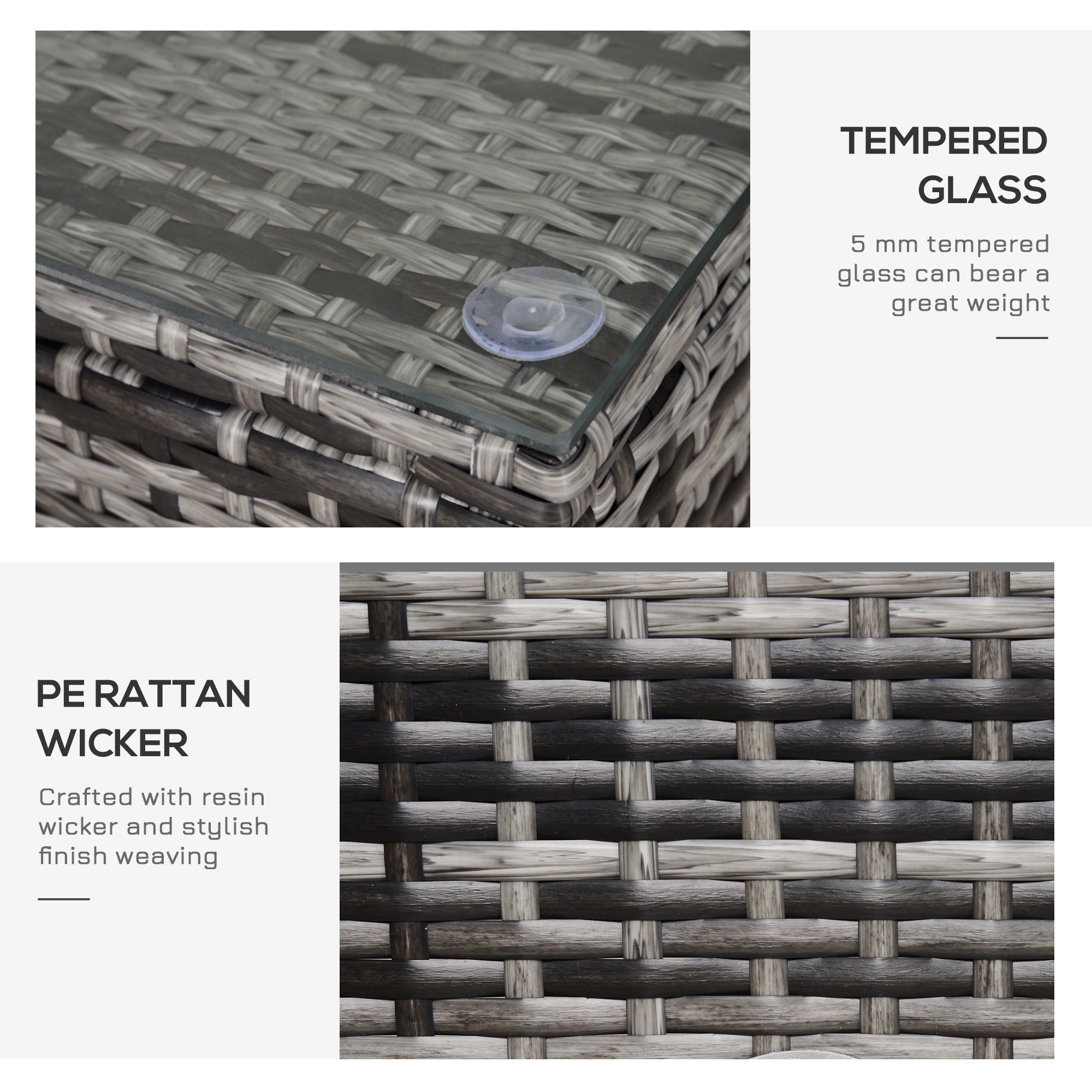 Outsunny PE Rattan Garden Coffee Table, with Glass Table Top - Grey 