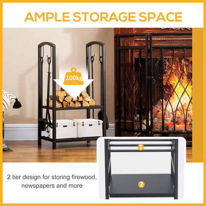 Outsunny Metal Firewood Log Holder 2 Layer Firewood Rack Indoor Outdoor Fireplace Wood Storage Shelf with 4 Tools and Hooks, Black, 40L x 30W x 74.5H cm 