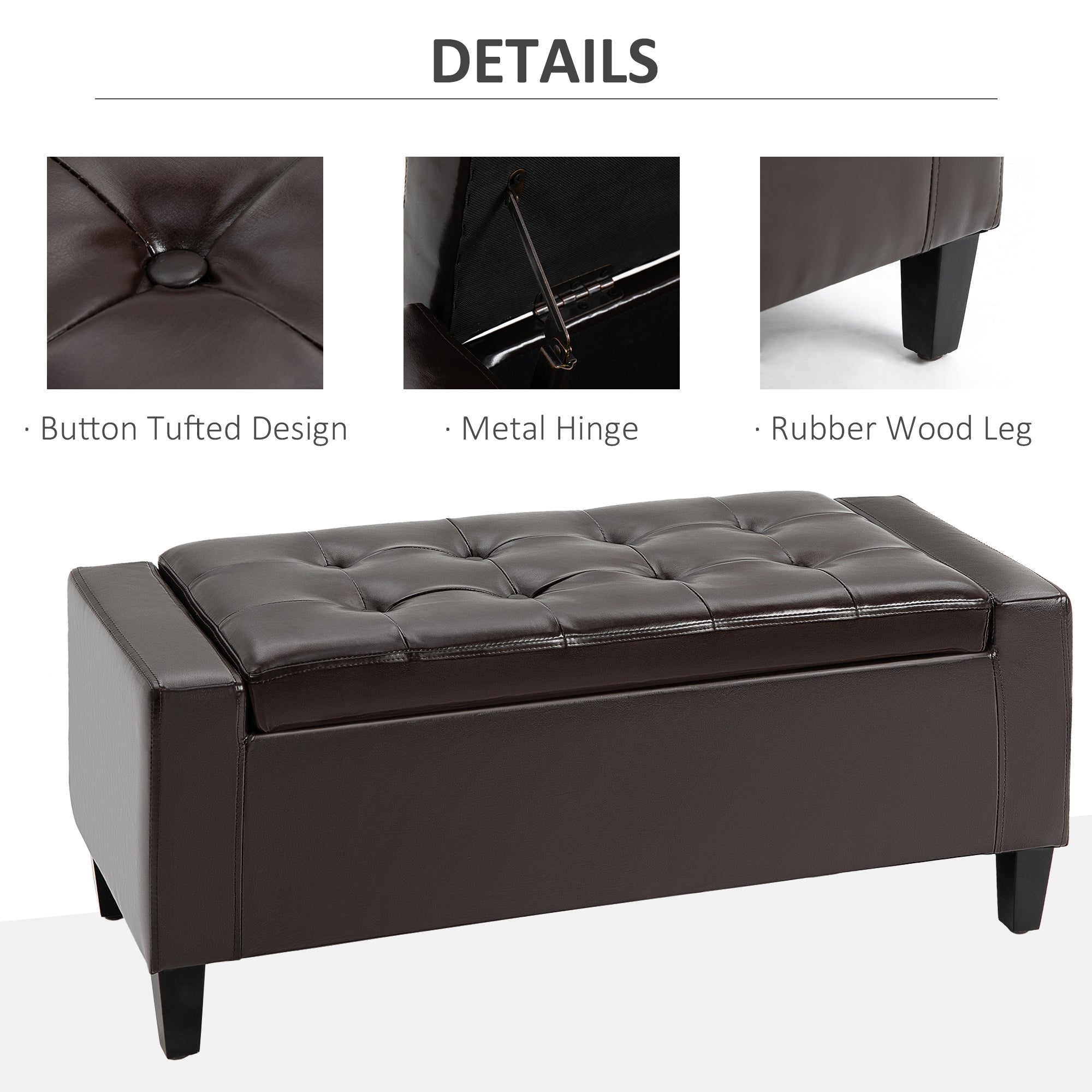 HOMCOM PU Leather Storage Ottoman Bench Storage Chest Tufted Ottoman Cube w/ Flipping Top 92L x 40W x 40H cm Brown 