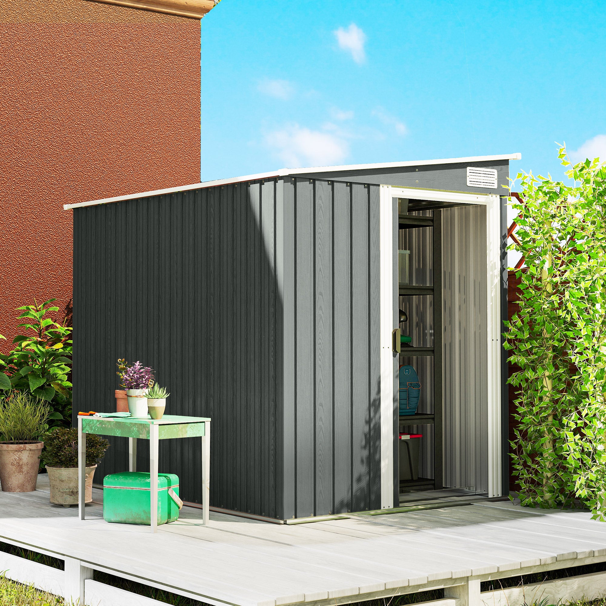 Outsunny 7 x 5ft Galvanised Metal Shed, with Sliding Door - Light Grey 