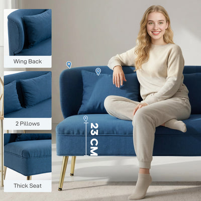 HOMCOM 2 Seater Sofa, Linen-look Fabric Small Sofa with Wing Back, Thick Seat, Metal Legs, Dark Blue 