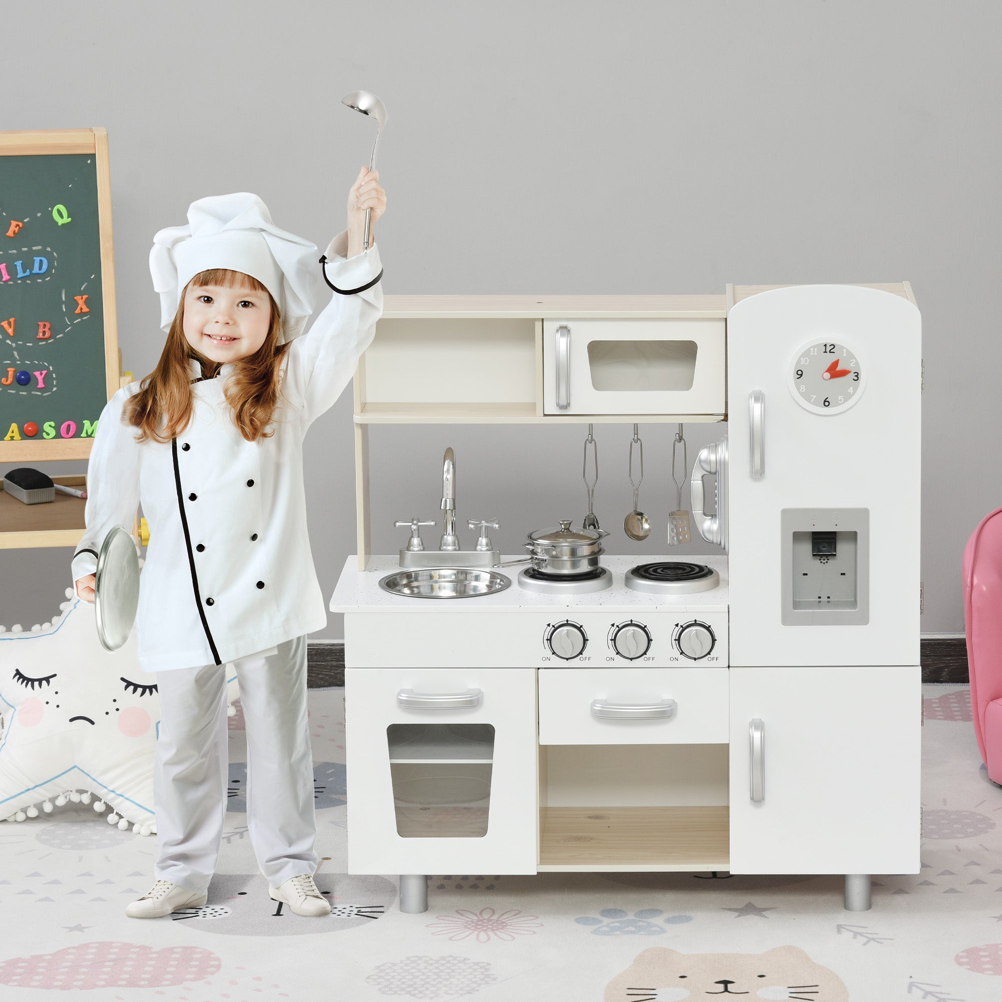 HOMCOM Kids Wooden Pretend Play Toy Kitchen Cooking Set Role Play Phone for Boys Girls White 
