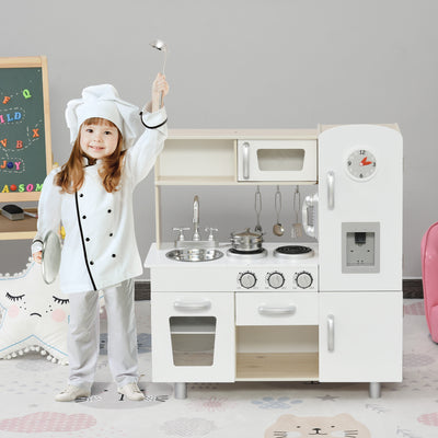 HOMCOM Kids Wooden Pretend Play Toy Kitchen Cooking Set Role Play Phone for Boys Girls White 