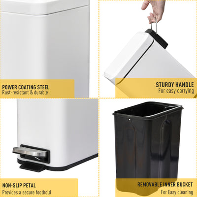 HOMCOM 5L Rectangular Compact Bin Steel Body Removable Bucket Quiet-Close Lid w/ Pedal Lid Rubbish Trash Can Home Office Bedroom Bathroom Living Room Garbage Tidy Clean White 
