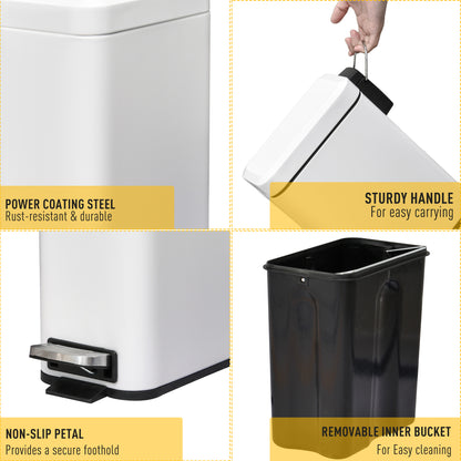 HOMCOM 5L Rectangular Compact Bin Steel Body Removable Bucket Quiet-Close Lid w/ Pedal Lid Rubbish Trash Can Home Office Bedroom Bathroom Living Room Garbage Tidy Clean White 