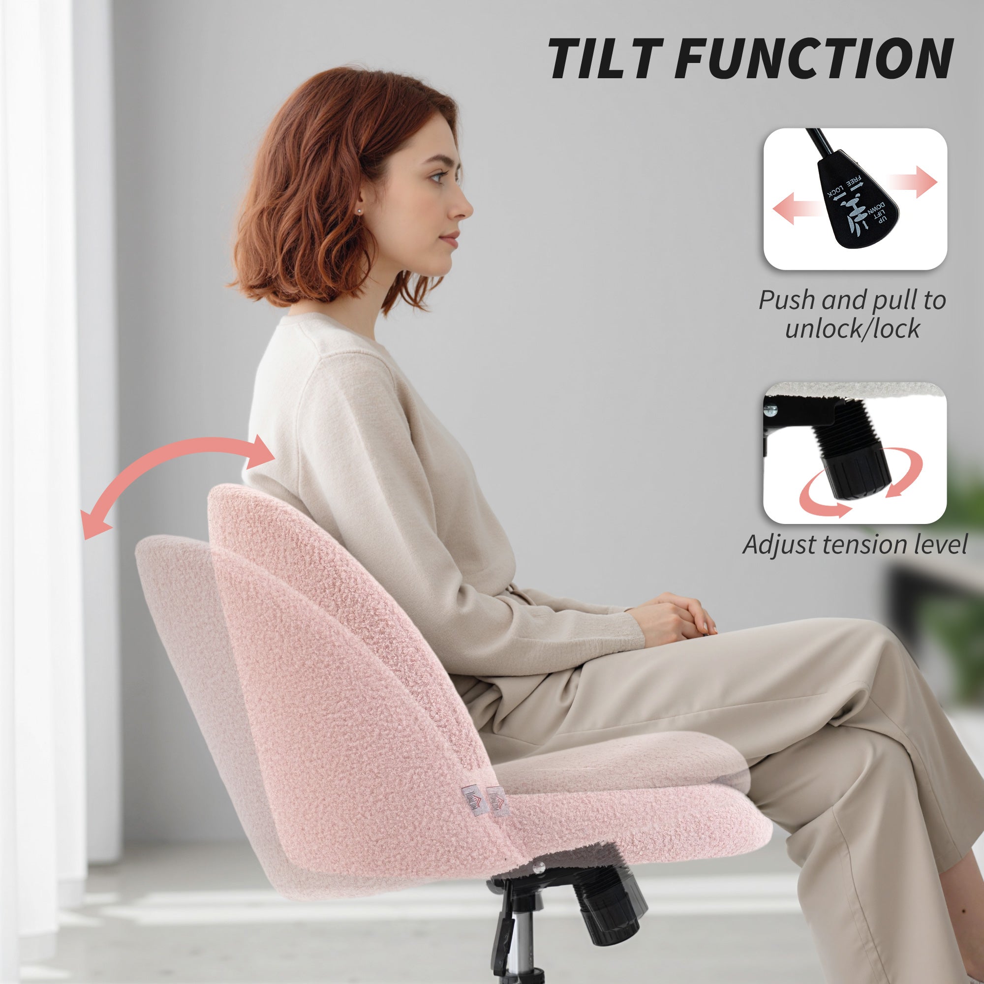 HOMCOM Teddy Fleece Office Chair with Wheels - Light Pink 