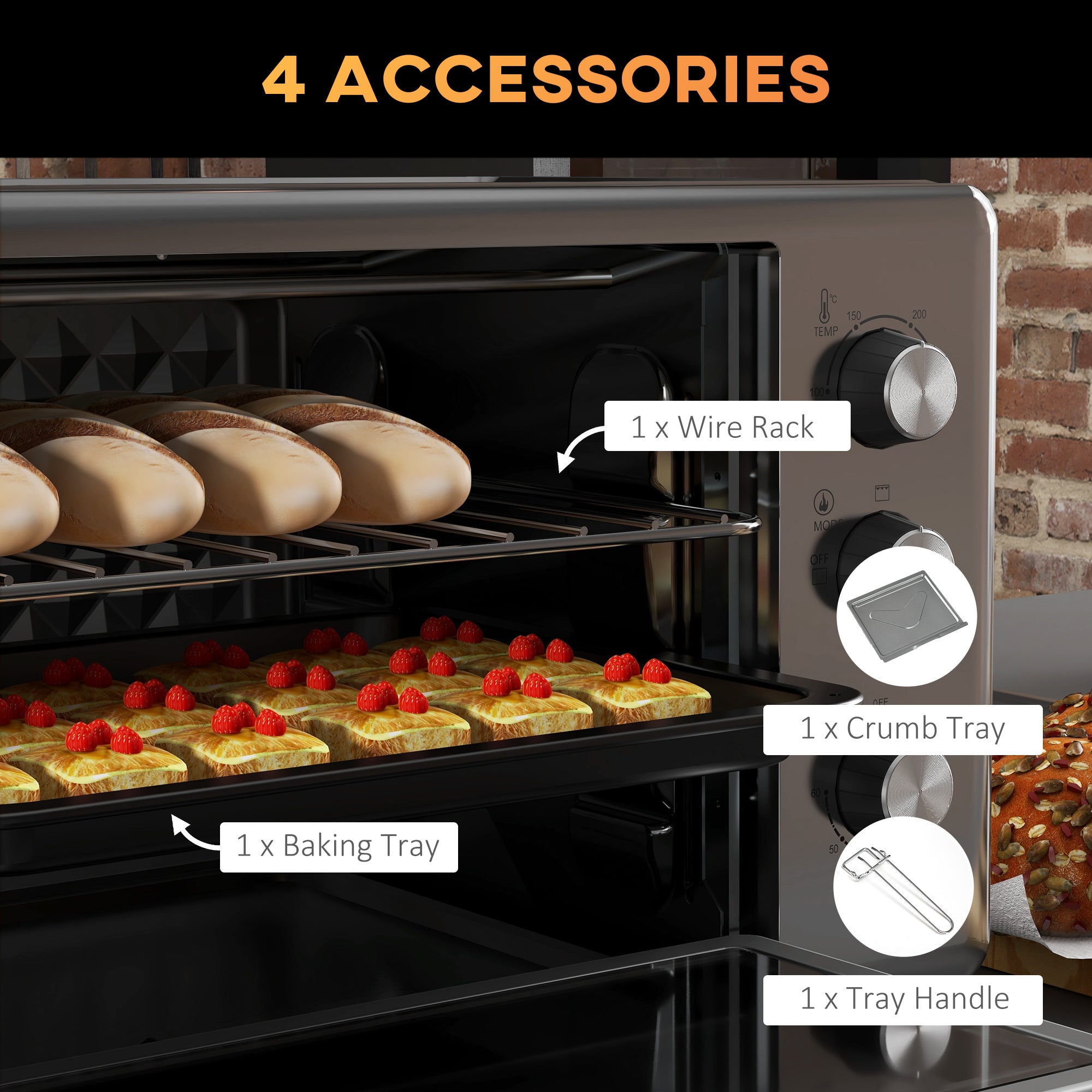 HOMCOM 30L 60-230\'e2\'84\'83 Mini Electric Oven, with Accessories - Silver Tone