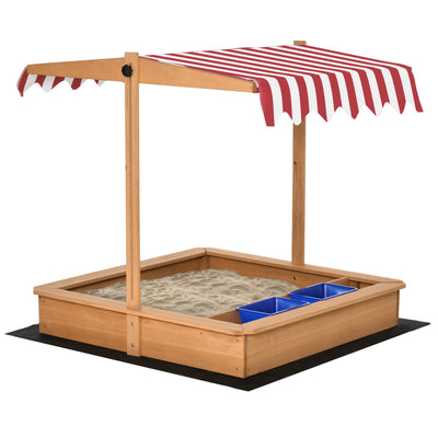 Outsunny Sand Pit Kids Wooden Sandbox with Cover Children Sandpit Play Station Height Adjustable with Canopy, Bottom Liner, Plastic Basins for Outdoor Aged 3-7 Years 