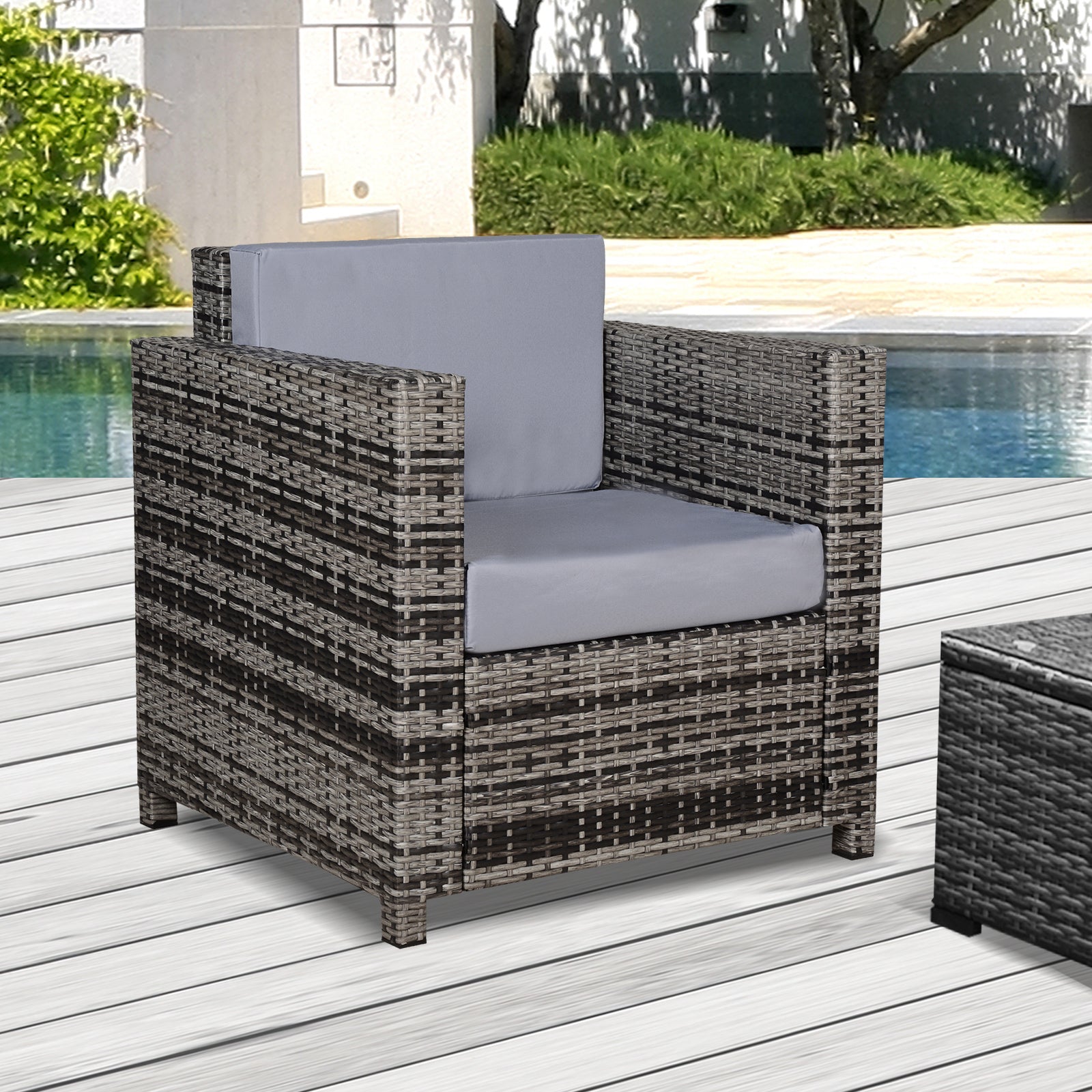 Outsunny Single Seater Rattan Chair Sofa with 10 cm Thick Padded Cushion, All-Weather PE Wicker Weave Garden Armchair with Armrests, Grey 