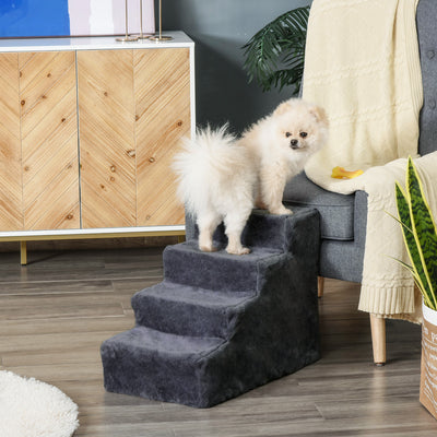 PawHut Four-Step Dog Stairs, with Washable Plush Cover, for High Bed Sofa, Dog Stairs for Small Dog and Cat - Dark Grey 