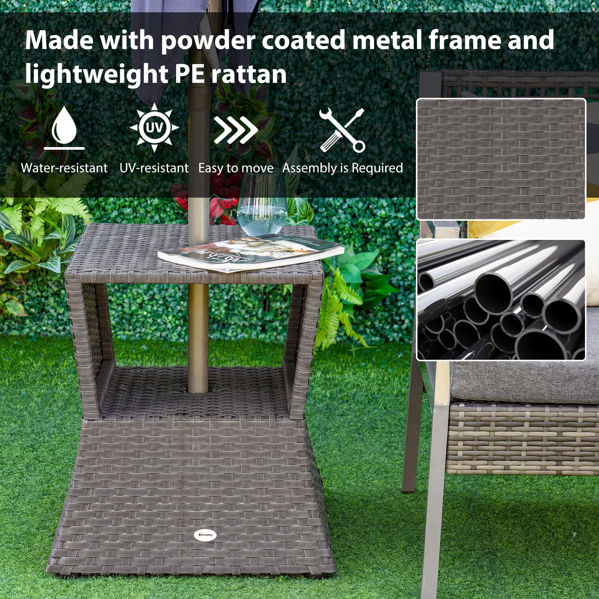 Outsunny Rattan Outdoor Coffee Table, Wicker Garden Patio Bistro Side Table with Umbrella Hole and Storage Space, Dark Grey 