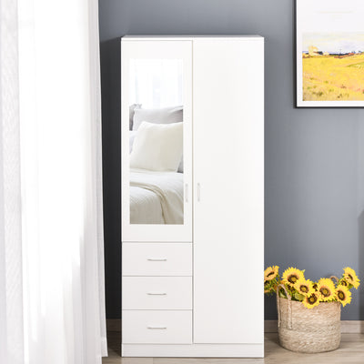 HOMCOM Modern Mirror Wardrobe 2 Door Storage Cupboards Home Storage Organisation Furniture with Adjustable Shelf, Hanging Rail and 3 Drawers, 180cm, White 