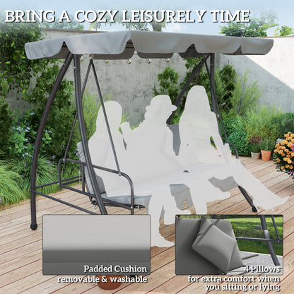 Outsunny Outdoor 2-in-1 Swing Chair Lounger 3 Seater Garden Swing Seat Bed Convertible Tilt Canopy W/ Cushion, Light Grey 