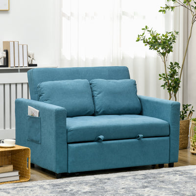 HOMCOM Loveseat Sofa Bed, Convertible Bed Settee with 2 Cushions, Side Pockets for Living Room, Blue 