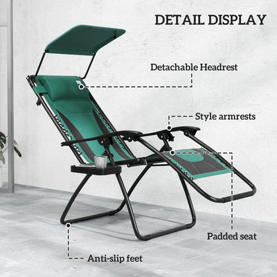 Outsunny Zero Gravity Lounger Chair Set of 2, Folding Reclining Patio Chair with Shade Cover, Padded Seat, Cup Holder, Soft Cushion and Headrest for Poolside, Camping, Green 