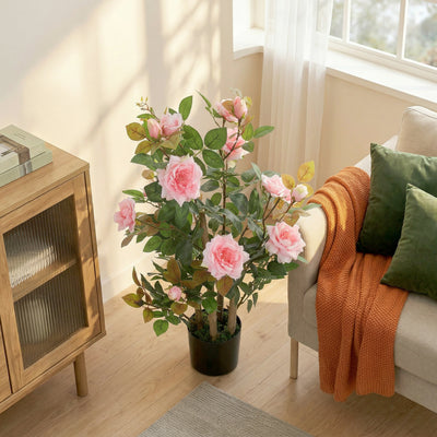 HOMCOM 90cm Artificial Rose Tree, Decorative Fake Plant with 344 Silk Leaves 17 Flowers for Outdoor Indoor Decor, Pink 