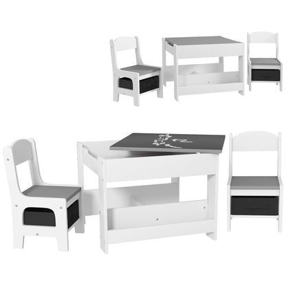 HOMCOM Three-Piece Kids Table and Chair Set with Blackboard, Storage, Bookshelves - Grey 