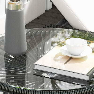Outsunny Rattan Side Table, Round Outdoor Coffee Table, with Round PE Rattan and Tempered Glass Table Top for Patio, Garden, Balcony, Black 