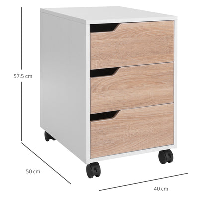 HOMCOM 3 Drawer Mobile File Cabinet, Vertical Filing Cabinet with Wheels for Home Office, Oak 