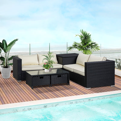 Outsunny 4 Pieces Rattan Garden Furniture Set, 4 Seater Corner Sofa Set with Storage Box, 2 Drawers Coffee Table, Loveseats with Cushions, Wicker Garden Conservatory Furniture for Balcony, Black 