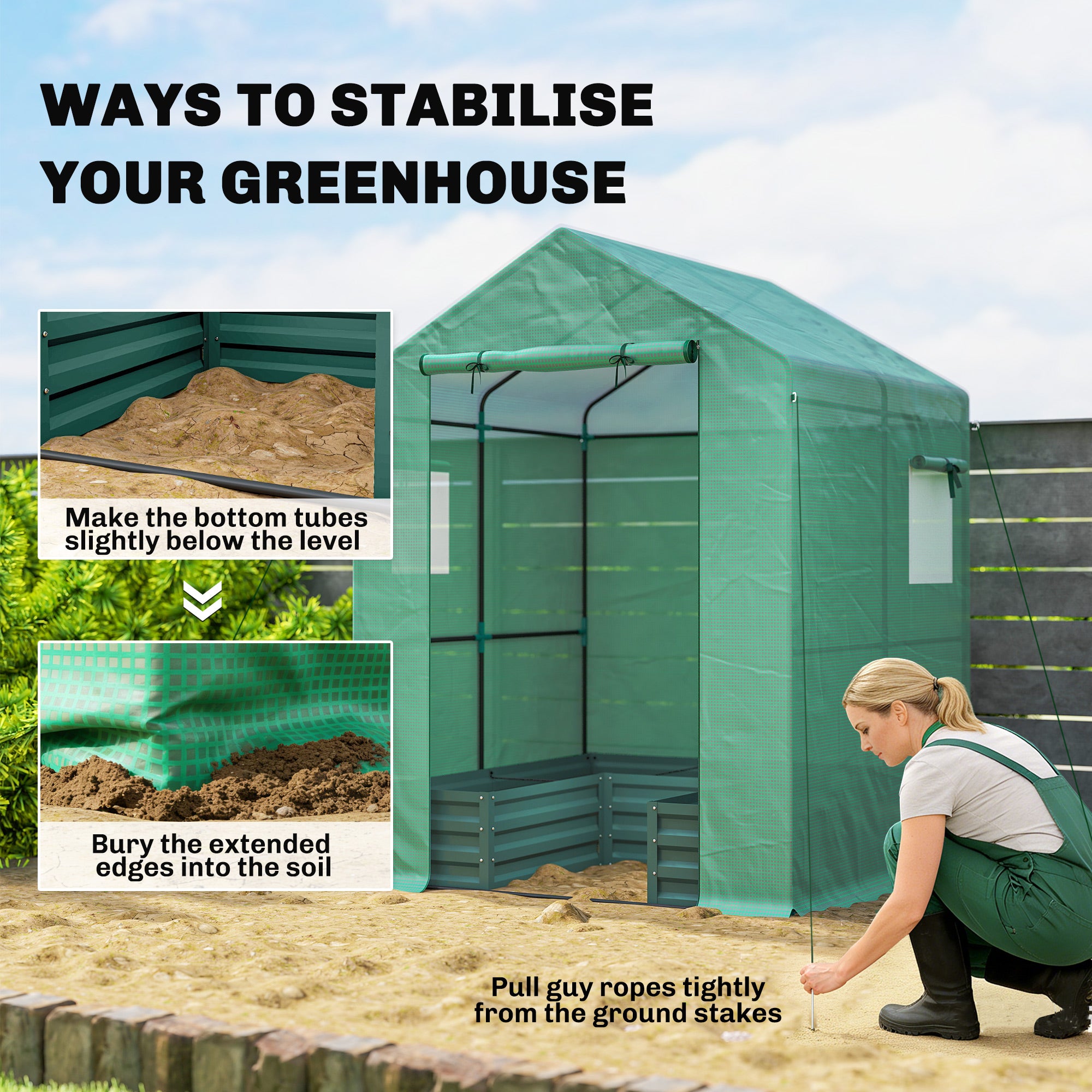 Outsunny Small Greenhouse with Raised Garden Bed, Galvanised Walk-in Greenhouse with Roll Up Windows, 141 x 141 x 190 cm, Green 