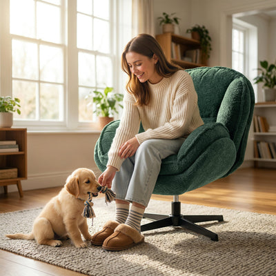 HOMCOM Modern Wingback Accent Chair, Velvet Armchair with Four-Star Base, S-Springs, Swivel, Dark Green 