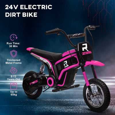 HOMCOM 24V Electric Motorbike with Twist Grip Throttle, Music, Horn, 12" Pneumatic Tyres, 16km/h Max Speed - Pink 