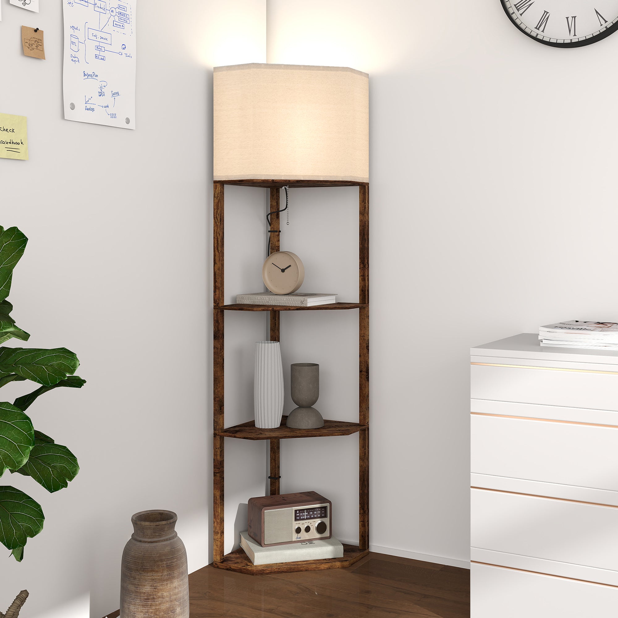HOMCOM Corner Floor Light, with Shelves - Wood-Effect 