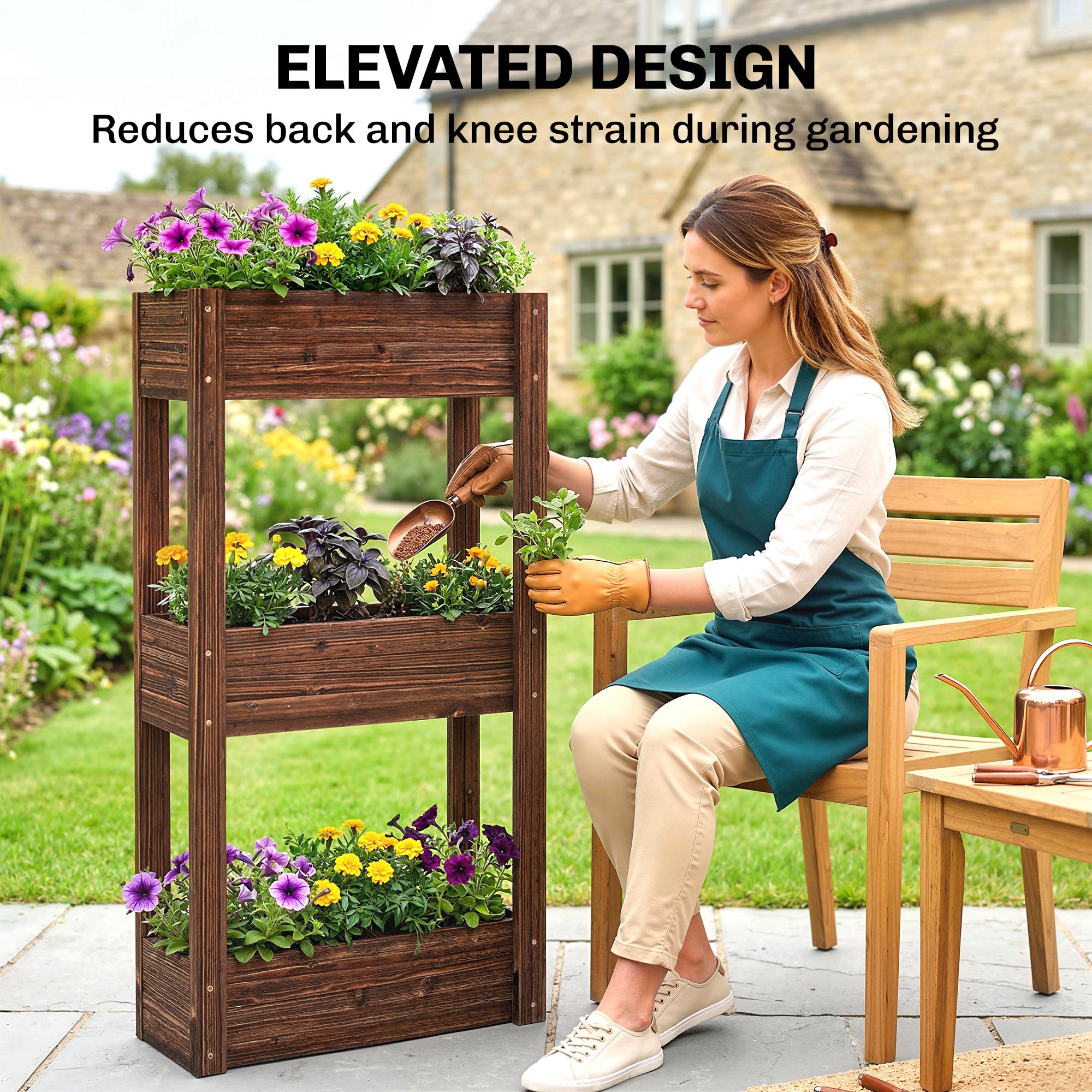 Outsunny 3-Tier Wooden Raised Planter, Raised Garden Bed on Legs with Drainage Holes and Bed Liner, Elevated Garden Planter 