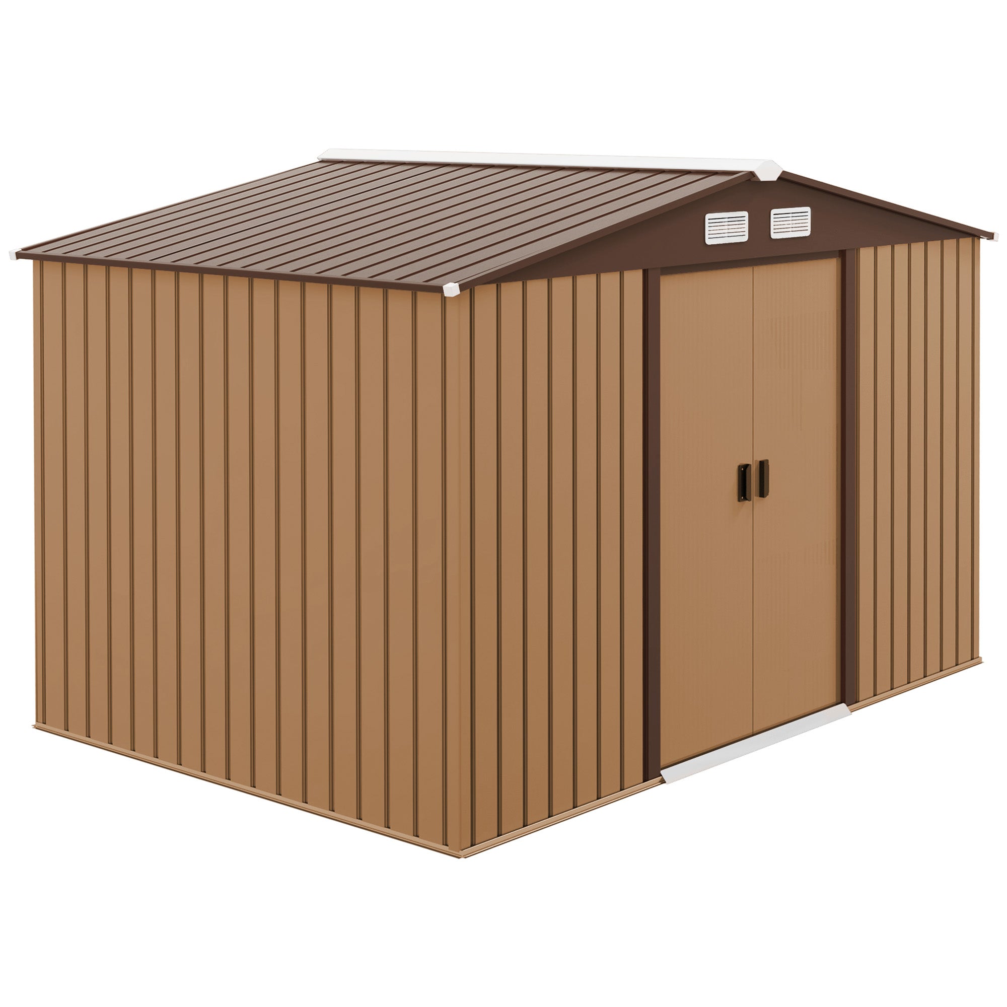 Outsunny 9 x 6ft Metal Garden Shed, Outdoor Storage Tool House with Ventilation Slots, Foundation Kit and Lockable Double Doors, Light Brown 
