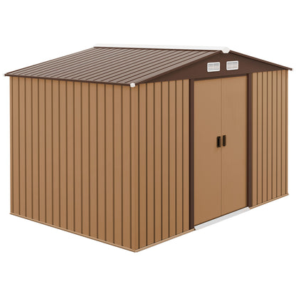 Outsunny 9 x 6ft Metal Garden Shed, Outdoor Storage Tool House with Ventilation Slots, Foundation Kit and Lockable Double Doors, Light Brown 