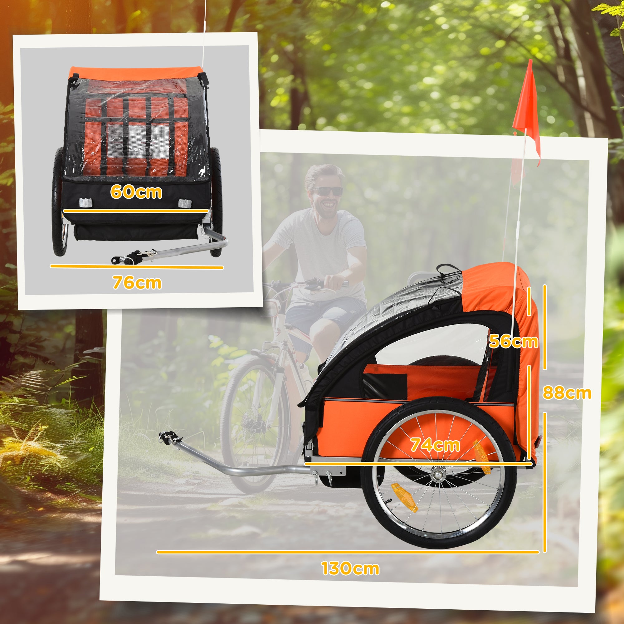 HOMCOM 2 Seat Bike Trailer Bicycle wagon for Kids Child Steel Frame Safety Harness Seat Carrier Orange Black 130 x 76 x 88 cm 