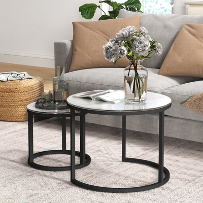 HOMCOM Glass Coffee Table Set of 2, Round Nest of Tables with Marble-Effect Tempered Glass Tabletop and Steel Frame, Modern Side Tables for Living Room, White 