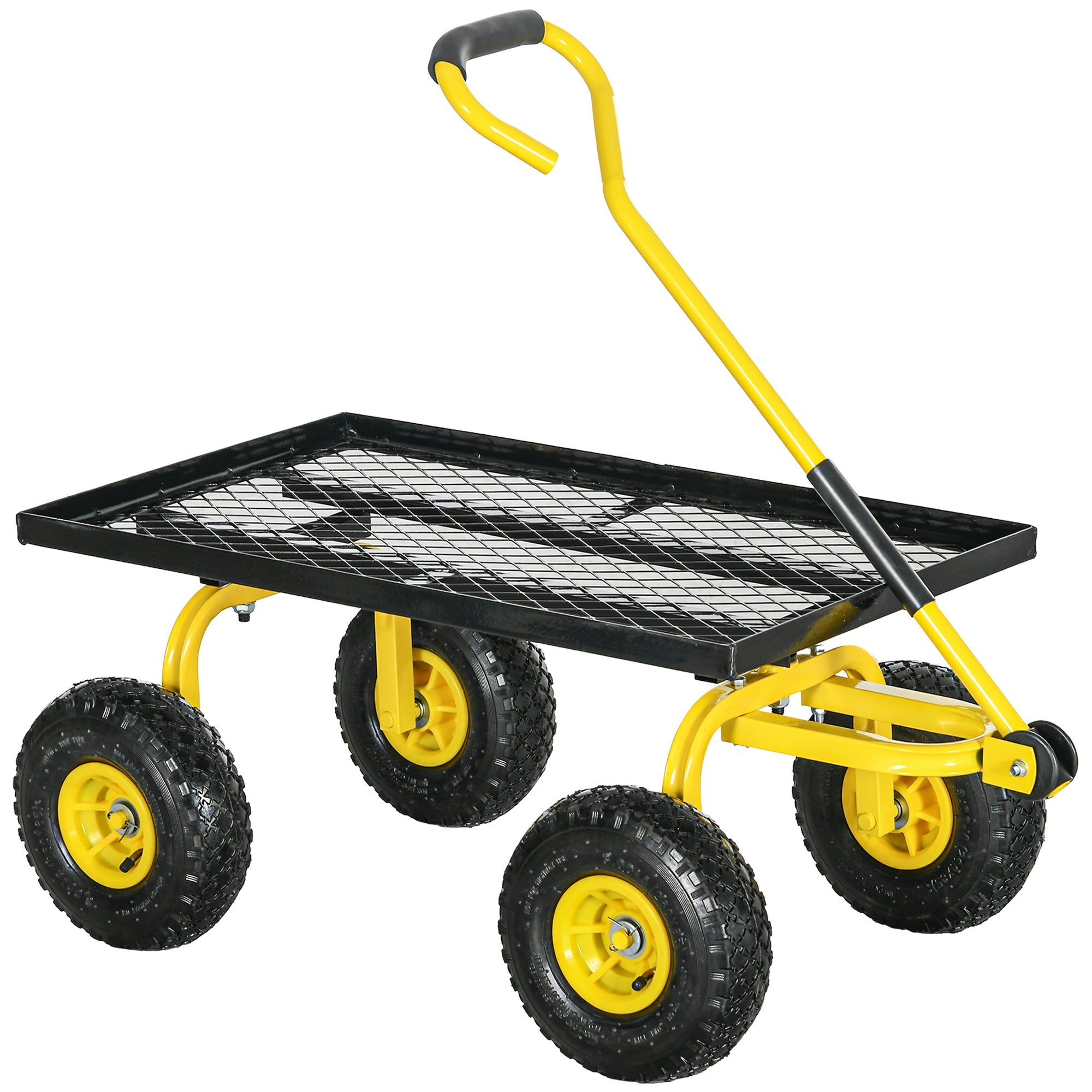 Outsunny Garden Trolley Cart, Heavy Duty Garden Cart with Metal Frame, 10" Pneumatic Wheels, Rotating Handle, 150kg Capacity, for Garden, Farm, Yellow 