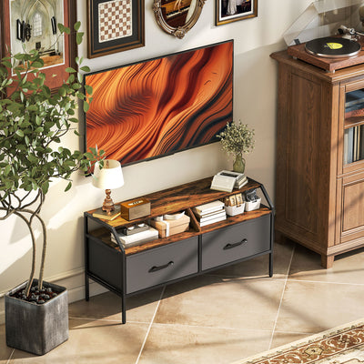 HOMCOM TV Stand Cabinet, TV Unit for 55-inch TVs with 2 Foldable Fabric Drawers, 5 Divided Side Pockets, Open Shelves, Console Table for Living Room, Bedroom, Entertainment Room, Rustic Brown 
