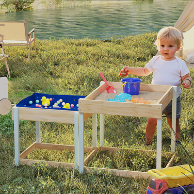 AIYAPLAY 2 PCS Wooden Outdoor Sand and Water Play Tables with Bottom Liner for Kids Aged 3-8 Years Old, Natural Wood Finish 