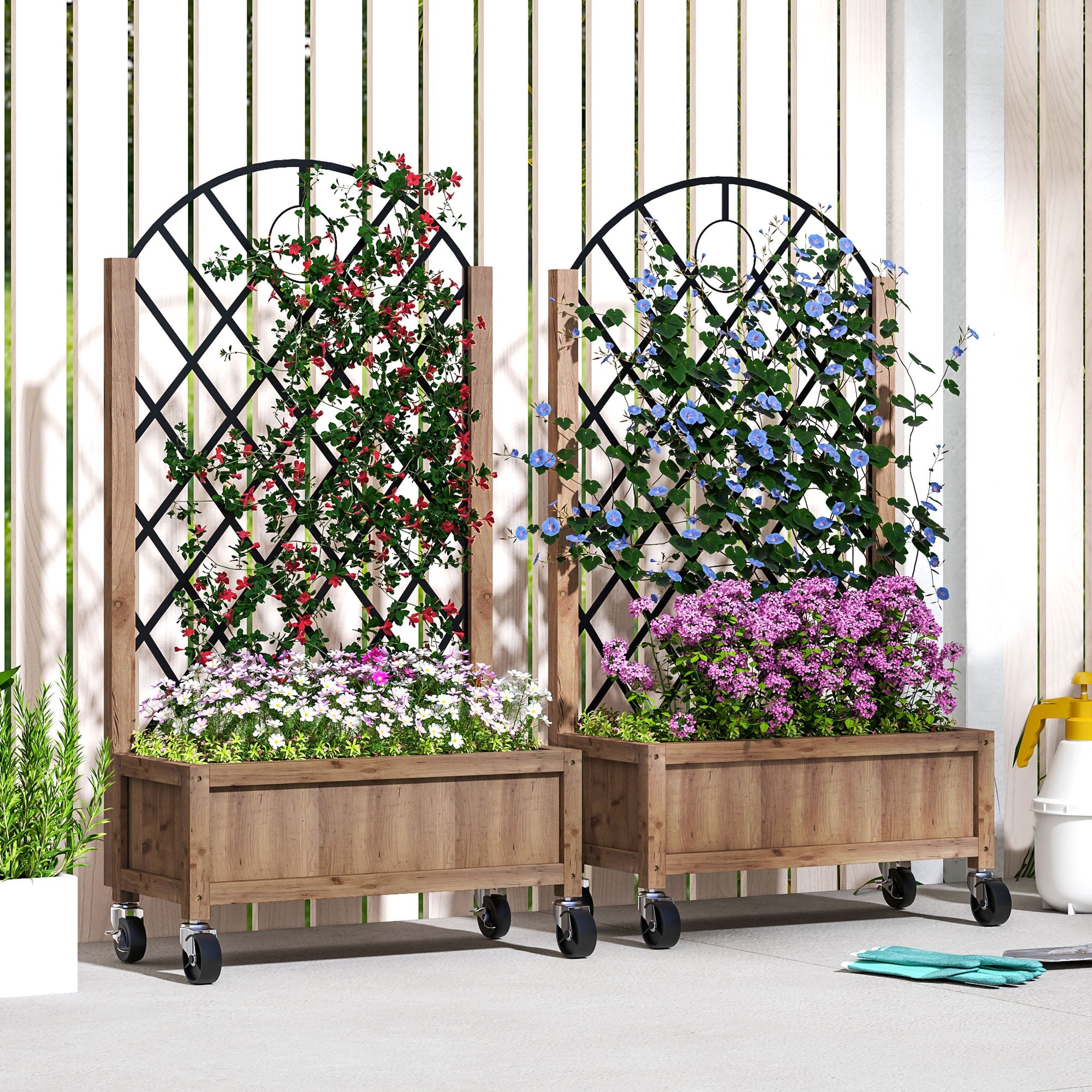 Outsunny Wooden Planter, with Metal Trellis - Brown/Black 