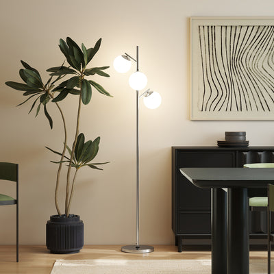 HOMCOM 3-Light Tree Floor Lamps for Living Room, Modern Standing Lamp for Bedroom with Globe Lampshade, 3000K/4000K/6000K Colour Temperatures, Steel Base, Silver Tone 