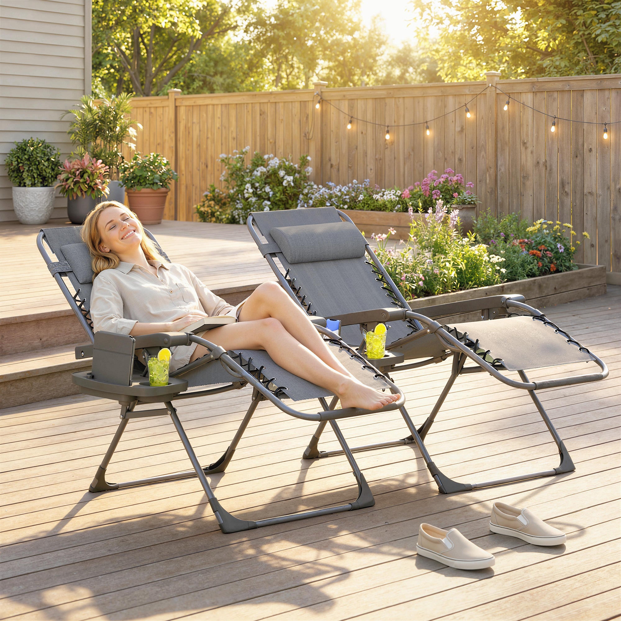 Outsunny Zero Gravity Chairs Set of 2, Folding Sunloungers Reclining Garden Chairs with Cup Holder, Headrest, Dark Grey 