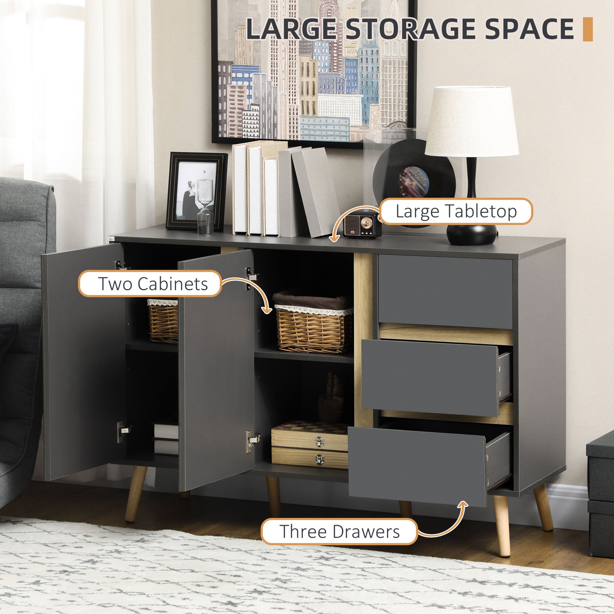 HOMCOM Sideboard, Modern Kitchen Cupboard with Double Doors and 3 Drawers, Adjustable Shelves for Living Dining Room, Dark Grey 