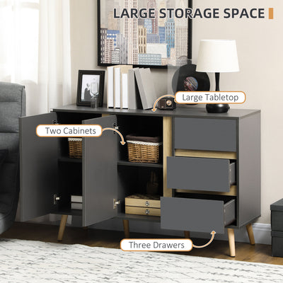 HOMCOM Sideboard, Modern Kitchen Cupboard with Double Doors and 3 Drawers, Adjustable Shelves for Living Dining Room, Dark Grey 