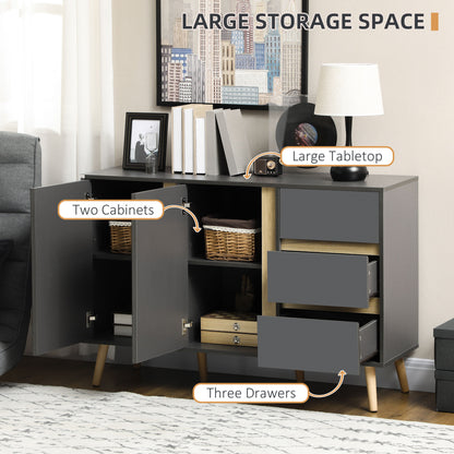 HOMCOM Sideboard, Modern Kitchen Cupboard with Double Doors and 3 Drawers, Adjustable Shelves for Living Dining Room, Dark Grey 