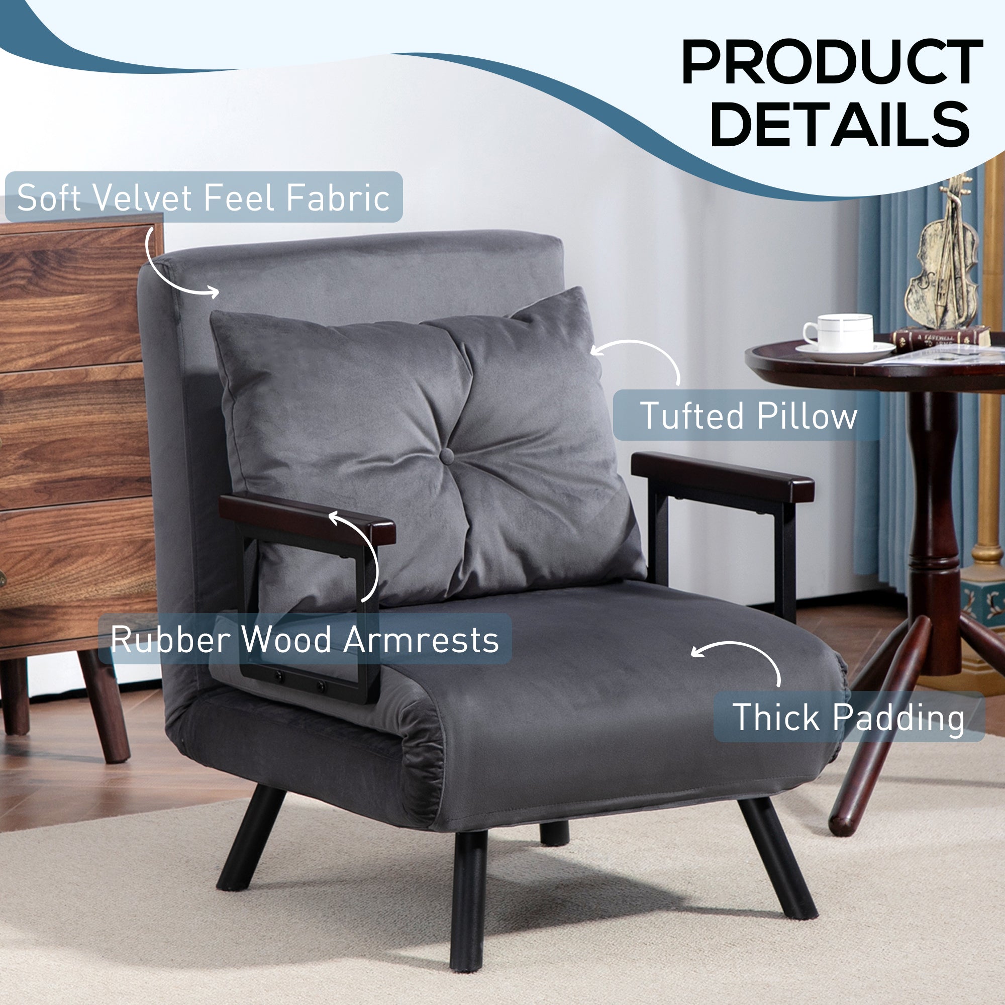 HOMCOM 4-in-1 Velvet-Feel Single Chair Bed, with Pillow - Charcoal Grey 